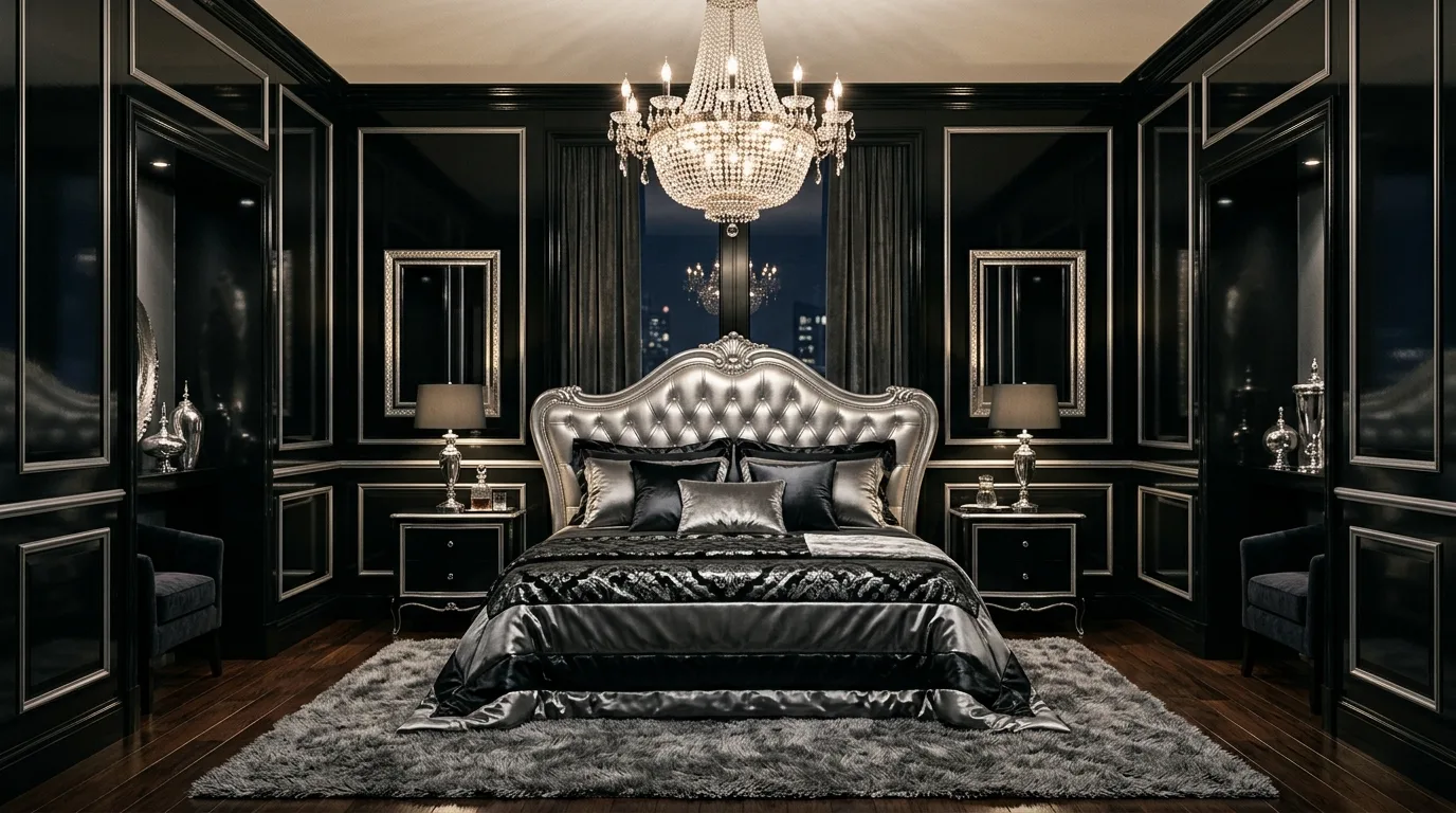 Black bedding with silver accent details in a cool modern bedroom.