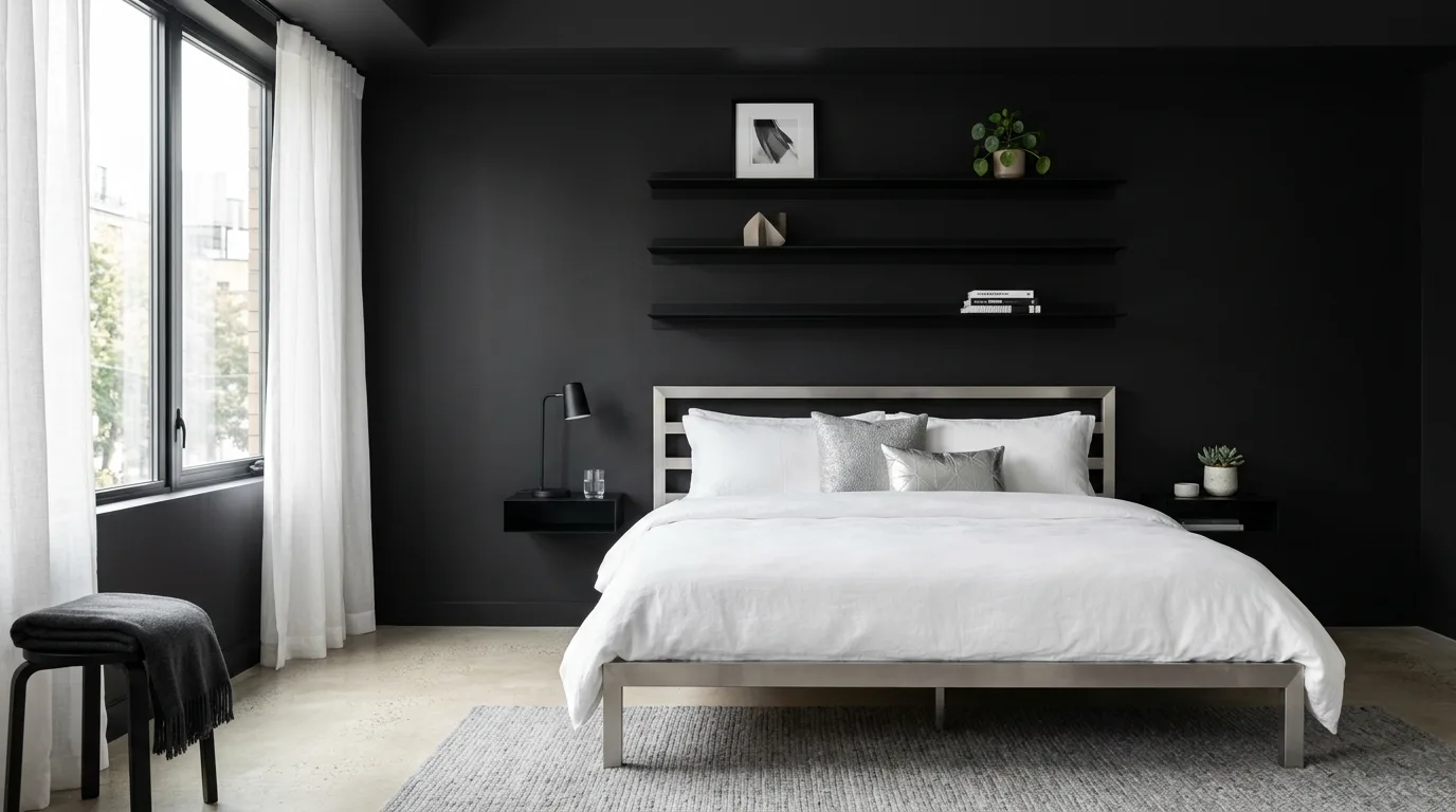 Black bed frame in a silver-grey room with sleek modern contrast.