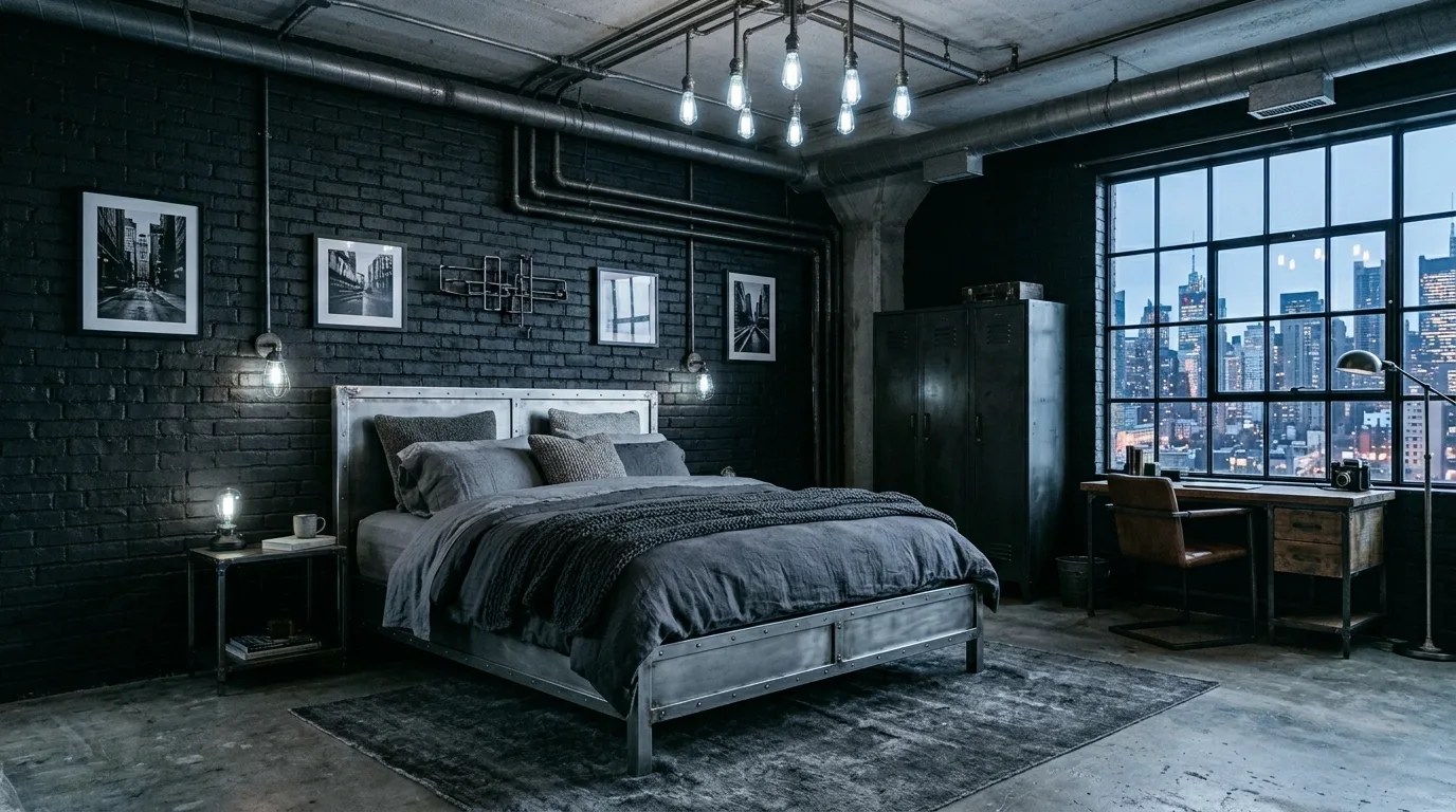 Silver hardware on black furniture in a sleek bedroom with polished styling.