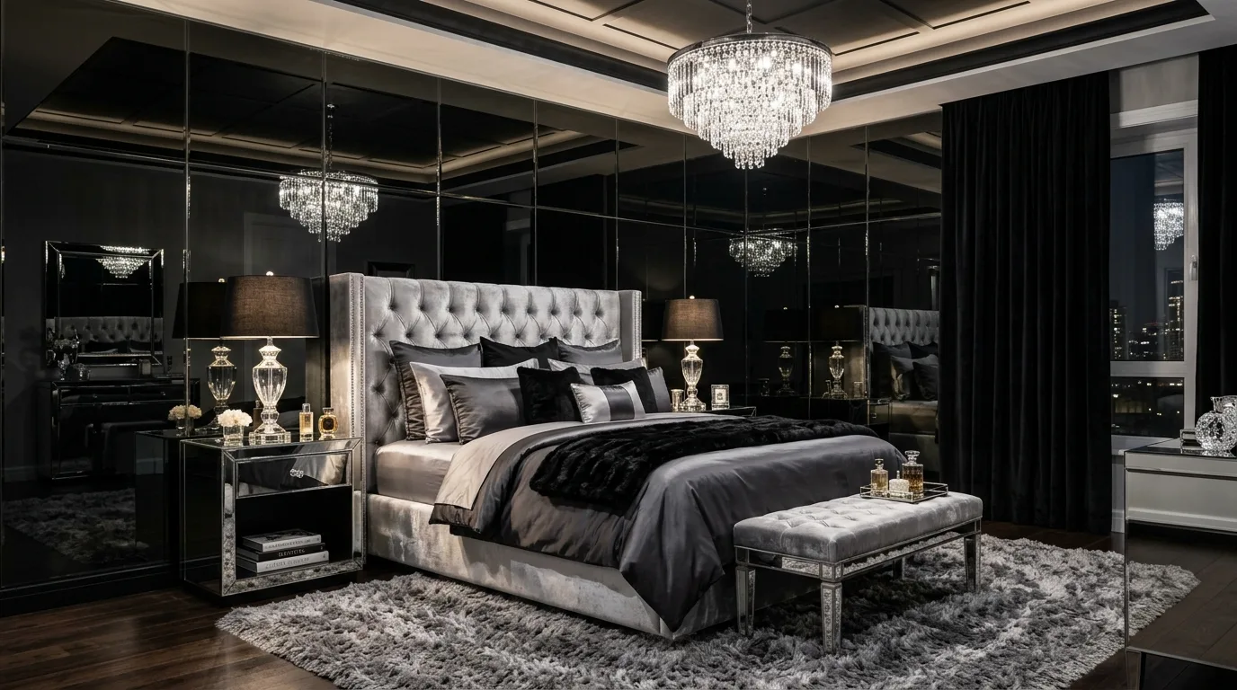 Silver mirrors expanding a black room with a cool modern look.