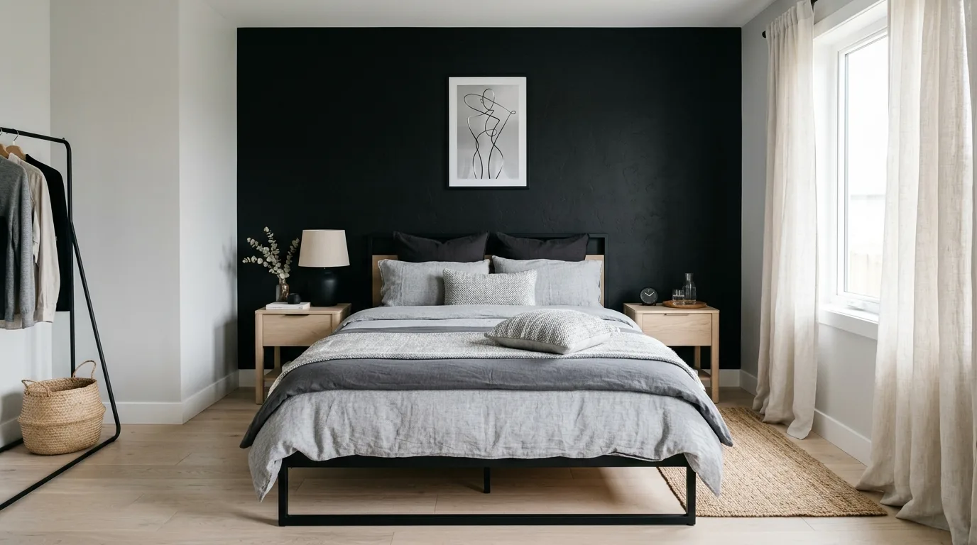 Black and silver with soft grey bedding in a calm modern bedroom.