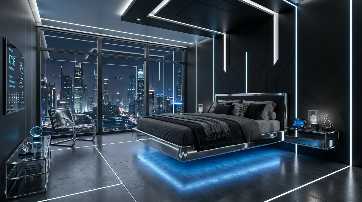 Sleek black room with metallic framing and cool polished contrast.