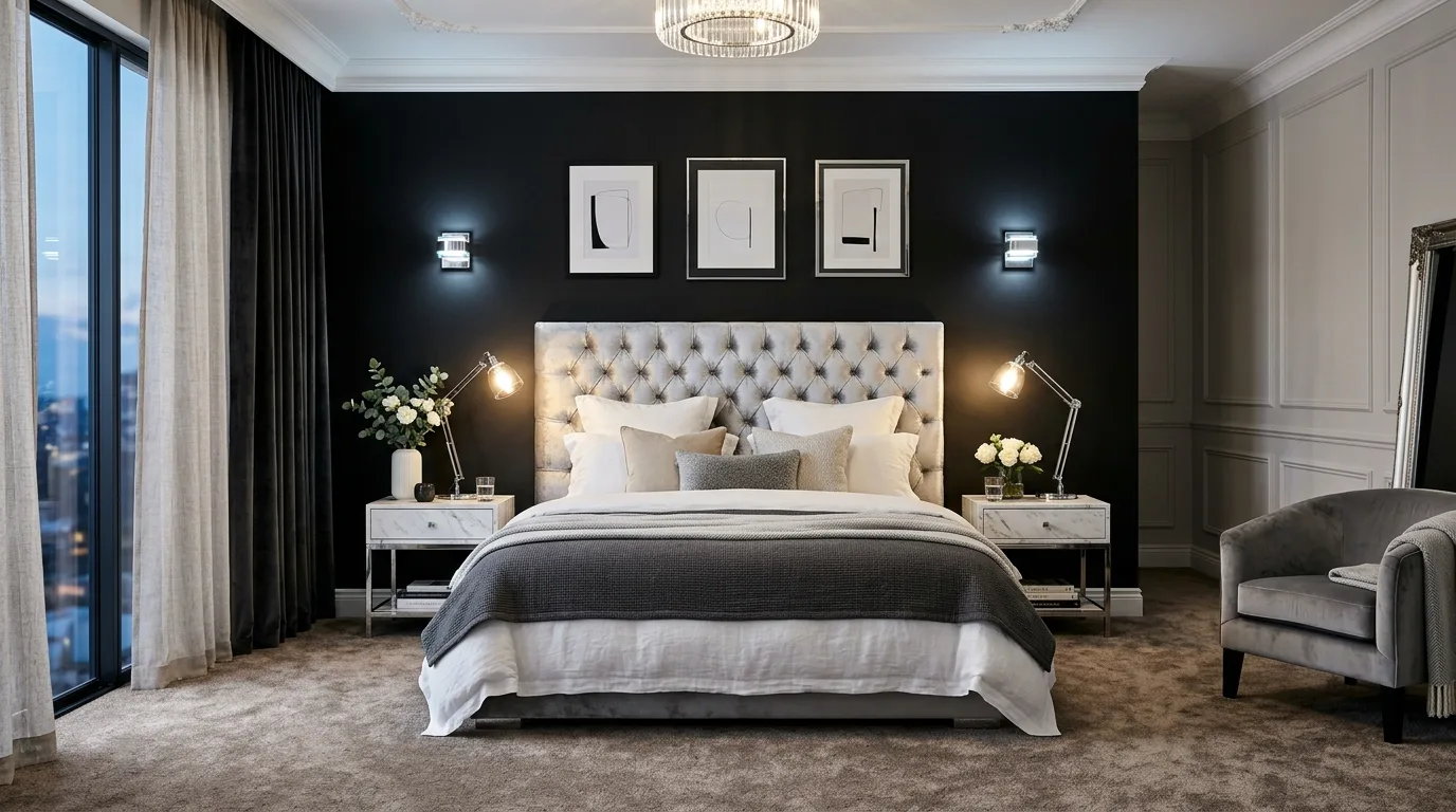 Glossy black with cool silver reflection in a sleek modern bedroom.