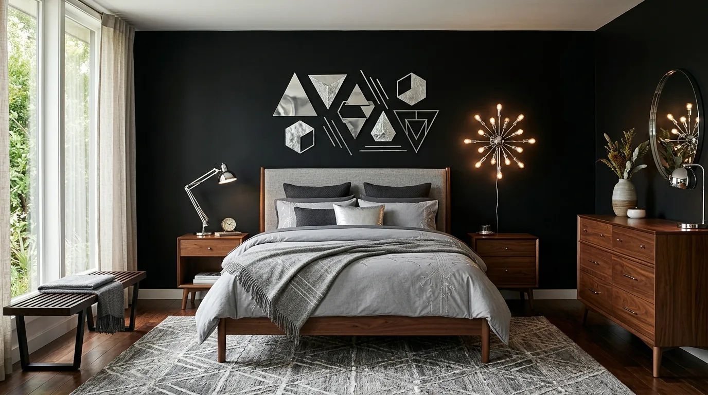 Silver ceiling light in a black bedroom with crisp cool modern style.