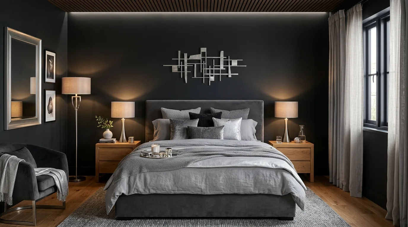 Black and silver with a minimal architectural mood in a modern bedroom.