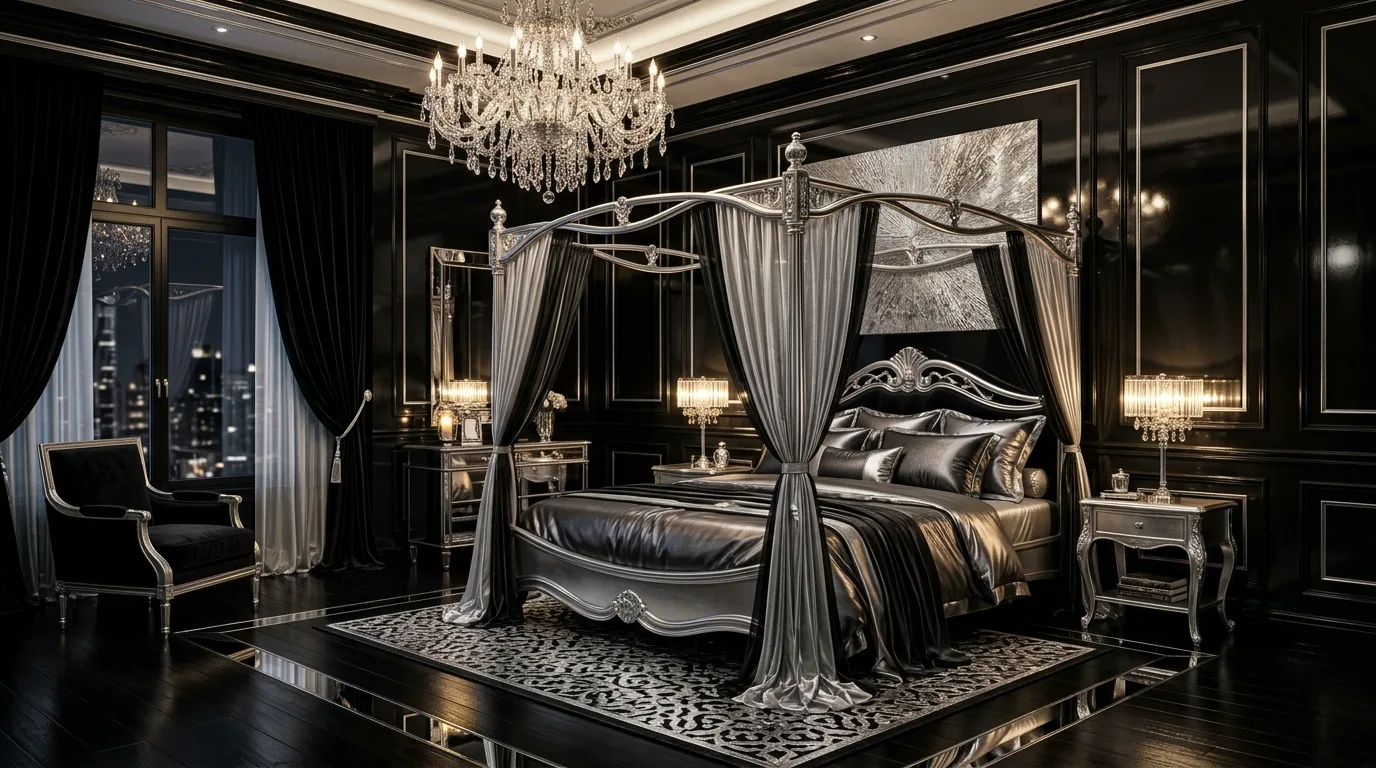Black and silver bedroom that feels cool complete and beautifully modern.