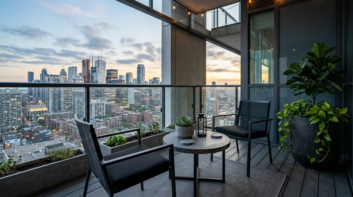 choose furniture that fits the scale in a balcony inspired by sleek modern minimalists.