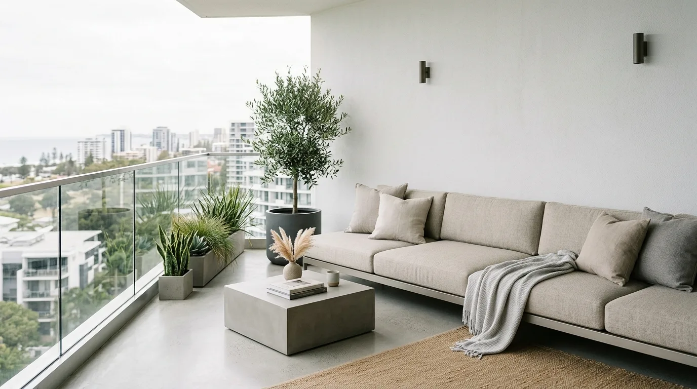 use light and shade intentionally in a balcony inspired by sleek modern minimalists.