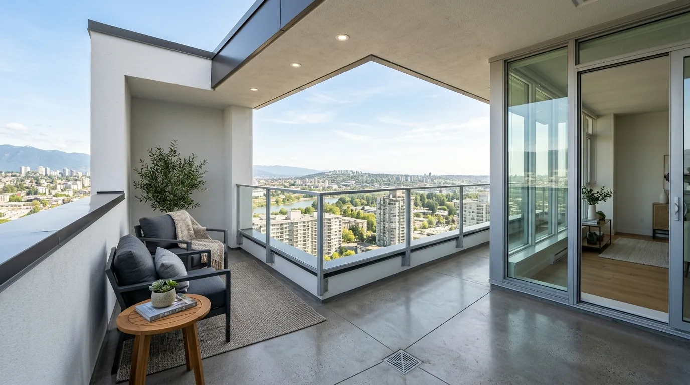 add texture for comfort and warmth in a balcony inspired by sleek modern minimalists.