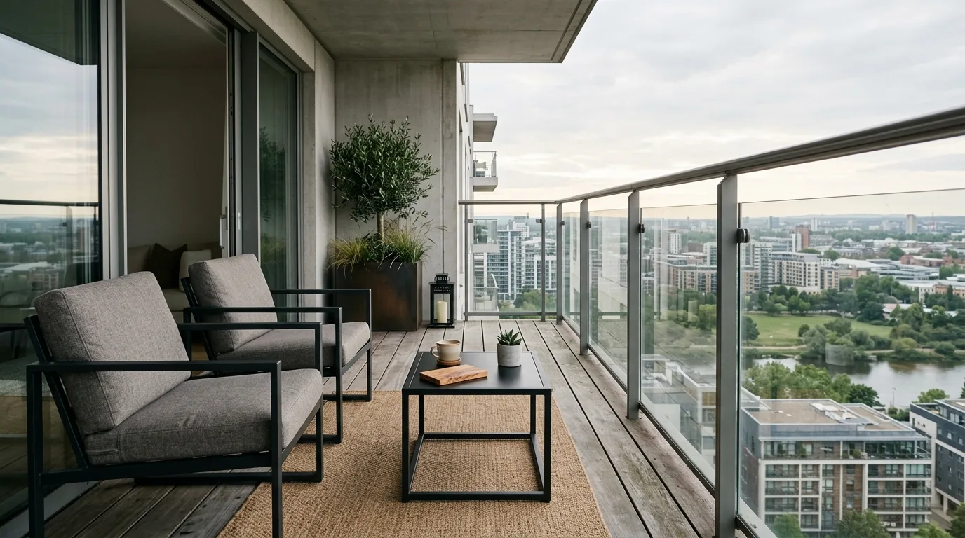 use decor that supports daily living in a balcony inspired by sleek modern minimalists.
