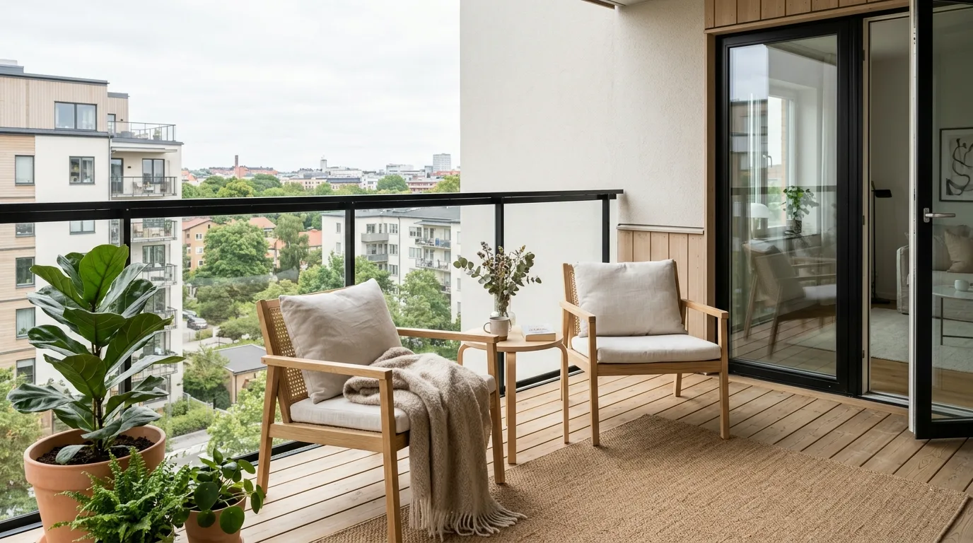create a balcony that feels complete in a balcony inspired by sleek modern minimalists.