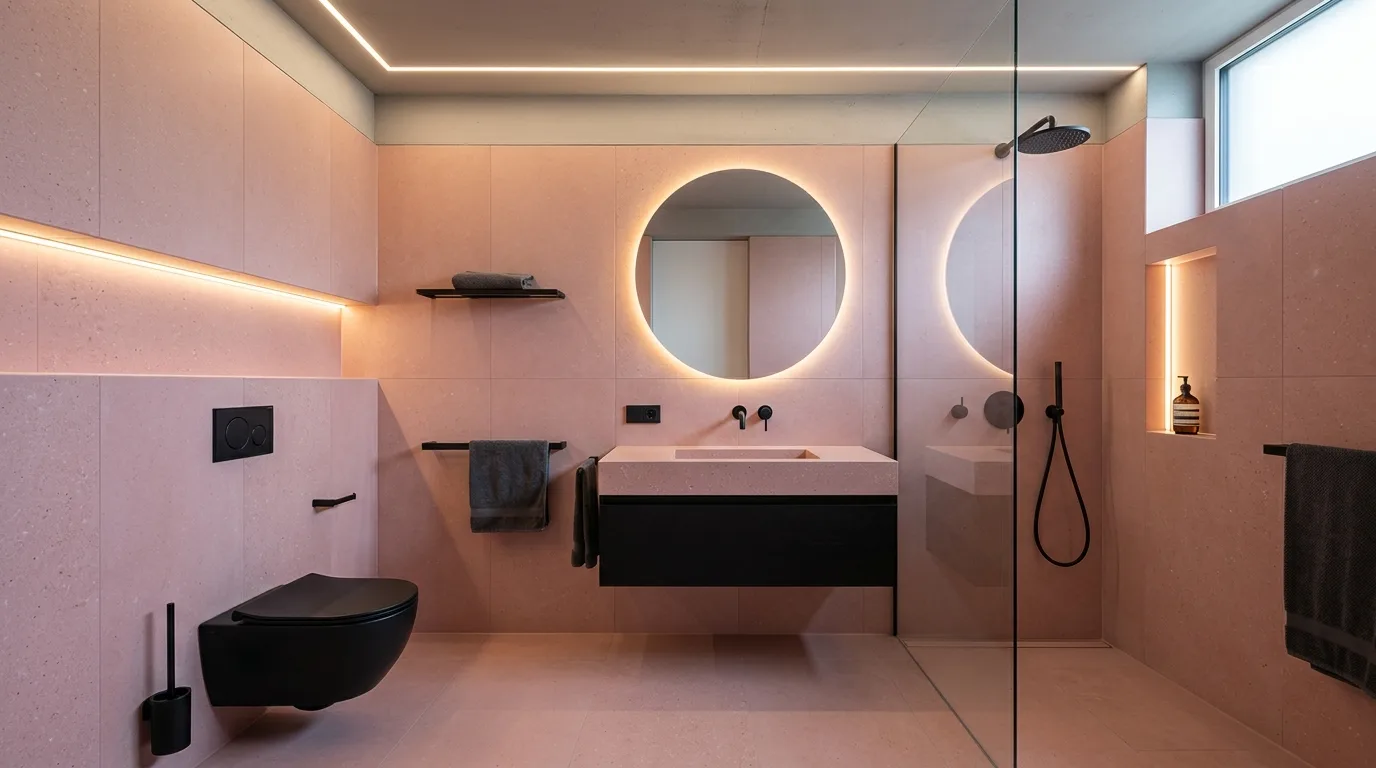 start with the main color or material story in a bathroom inspired by sleek modern pink current.