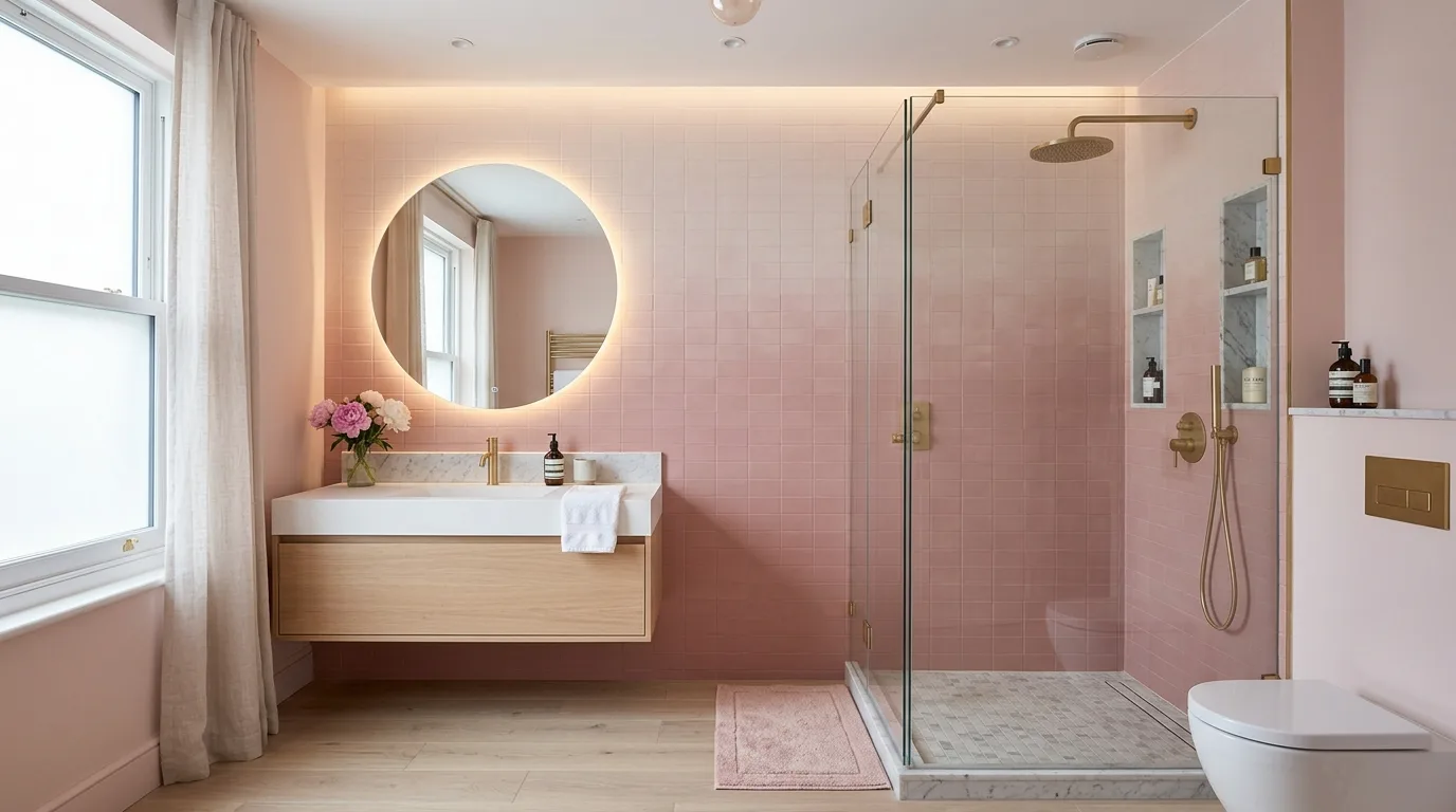 pair it with finishes that support the mood in a bathroom inspired by sleek modern pink current.