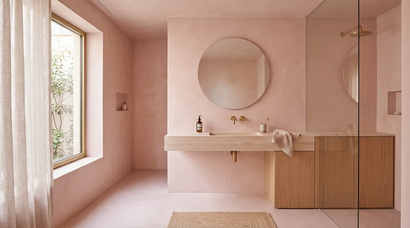add texture for more depth in a bathroom inspired by sleek modern pink current.
