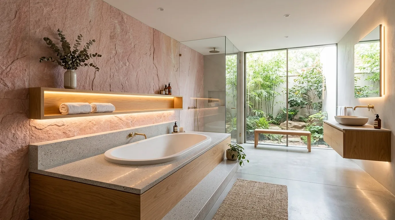 keep fixtures and lines thoughtful in a bathroom inspired by sleek modern pink current.