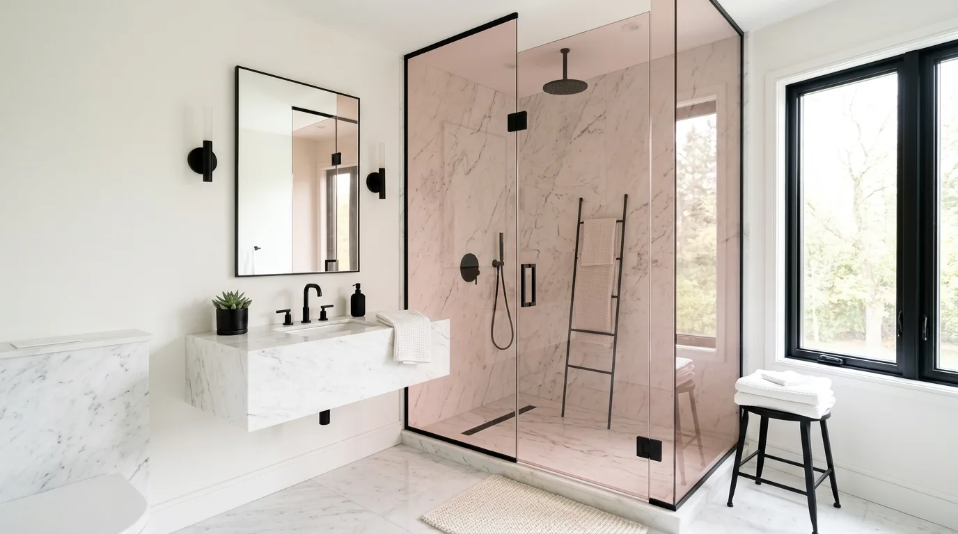 balance boldness with breathing room in a bathroom inspired by sleek modern pink current.
