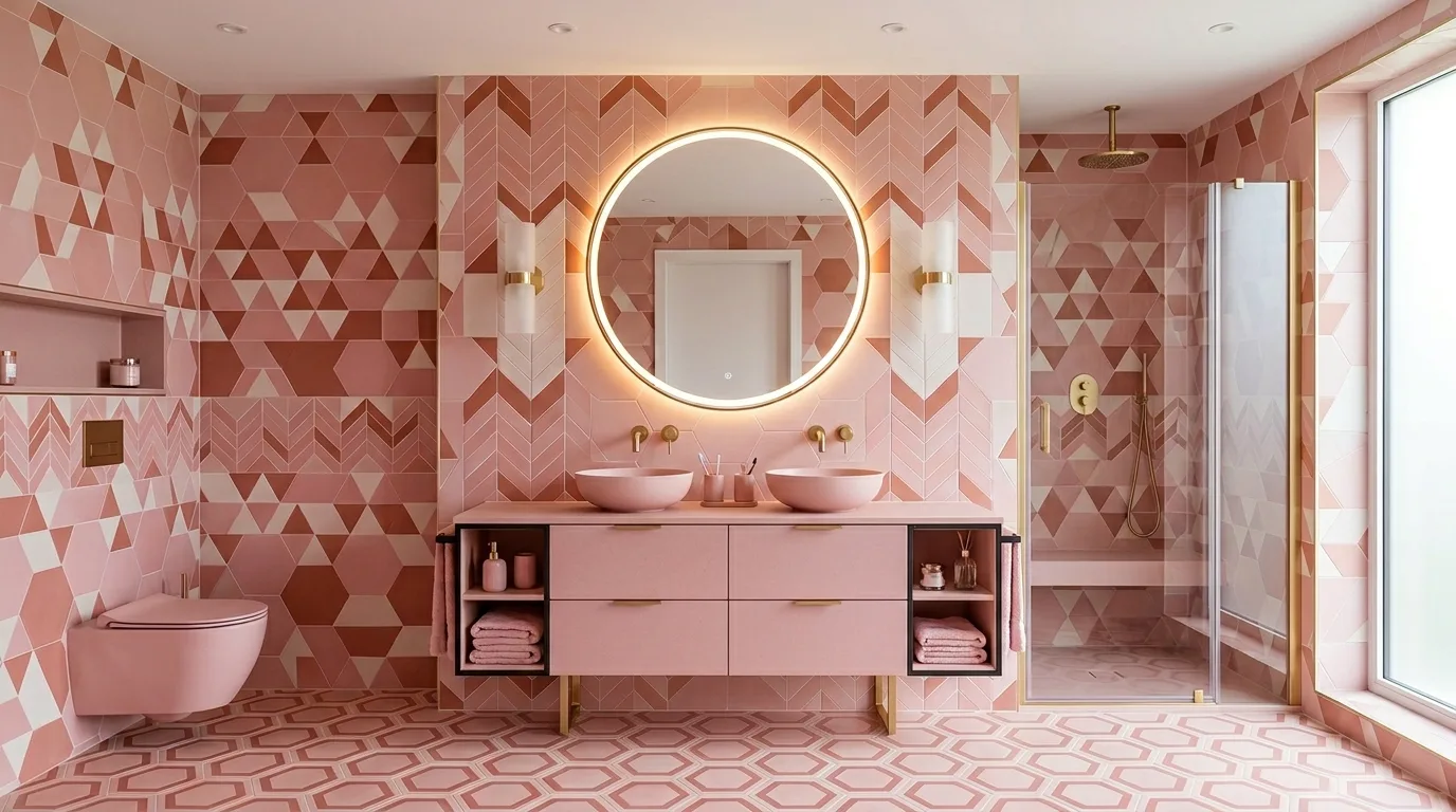 use decor that reinforces the look in a bathroom inspired by sleek modern pink current.