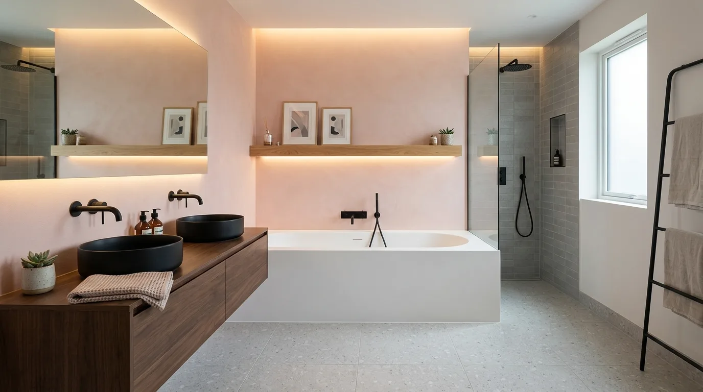 let the room feel personal and restful in a bathroom inspired by sleek modern pink current.