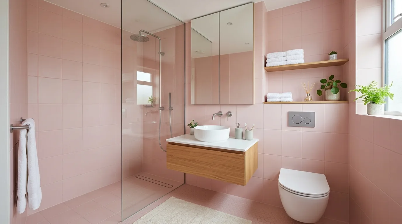create a bathroom that feels complete in a bathroom inspired by sleek modern pink current.