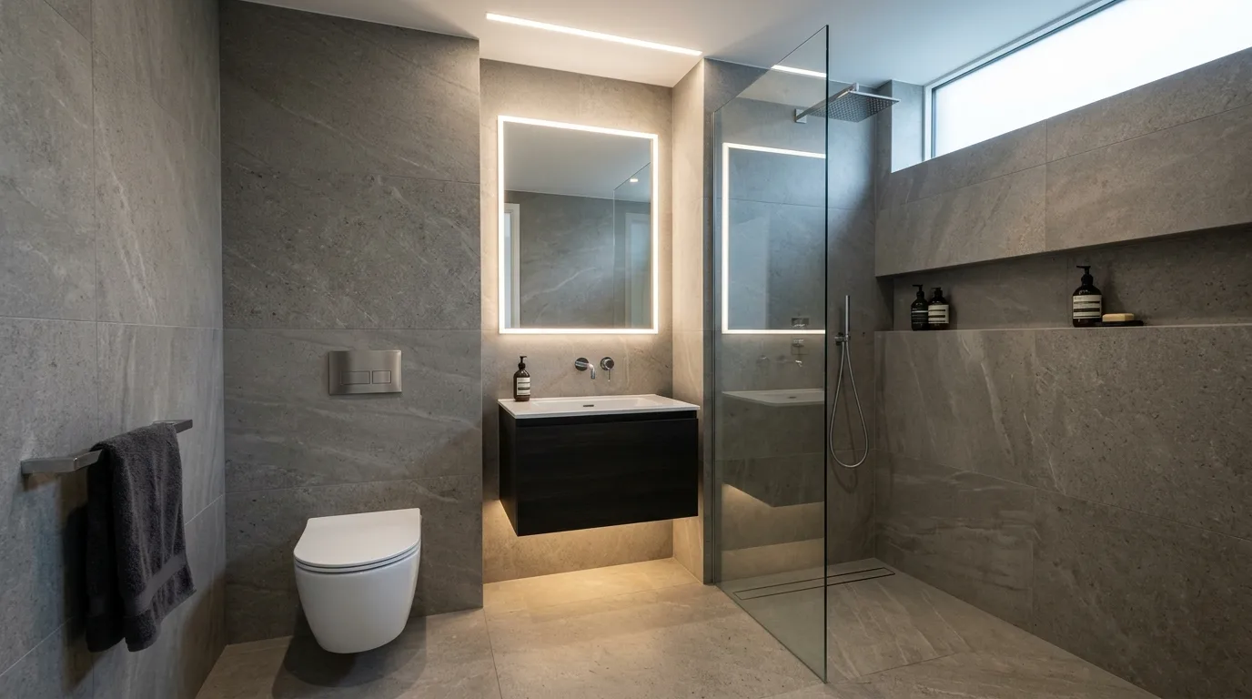 start with the main color or material story in a bathroom inspired by sleek modern streamlined.