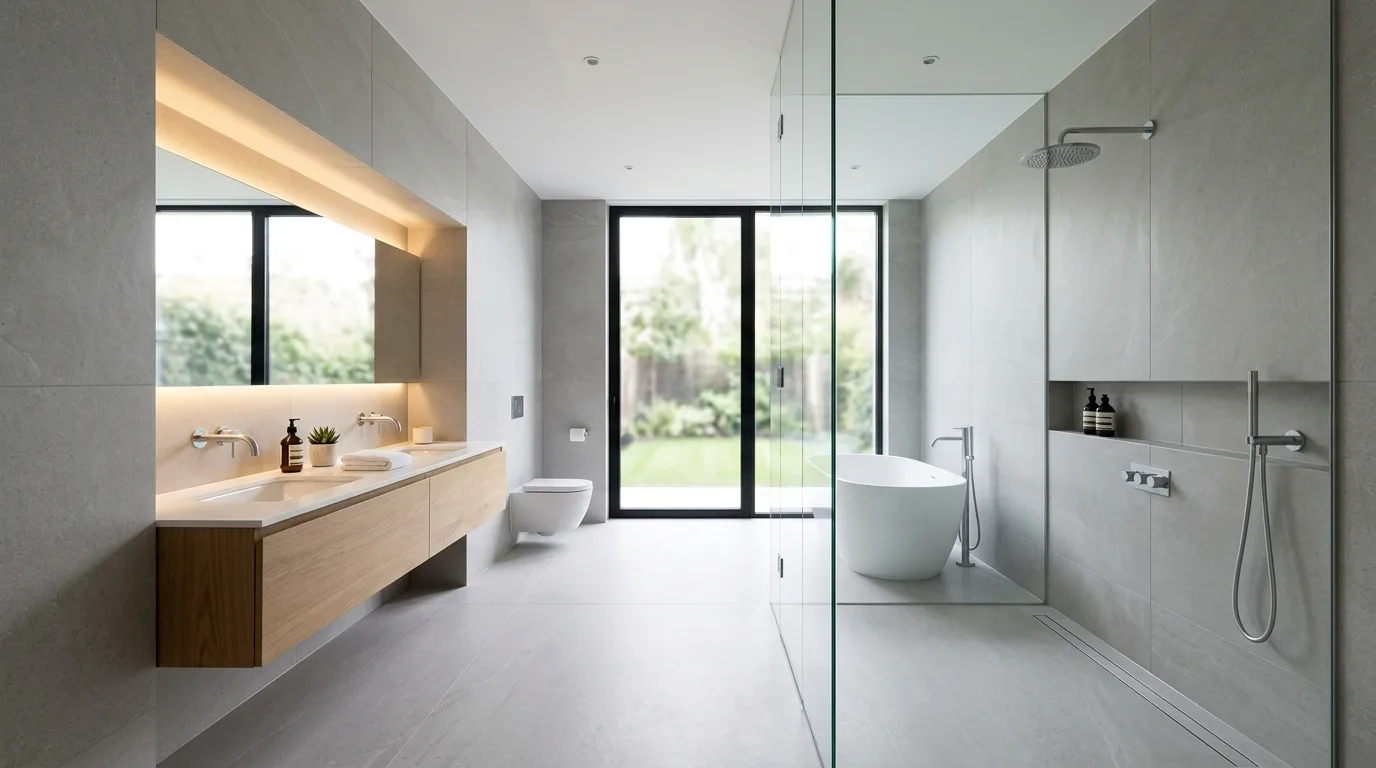keep fixtures and lines thoughtful in a bathroom inspired by sleek modern streamlined.