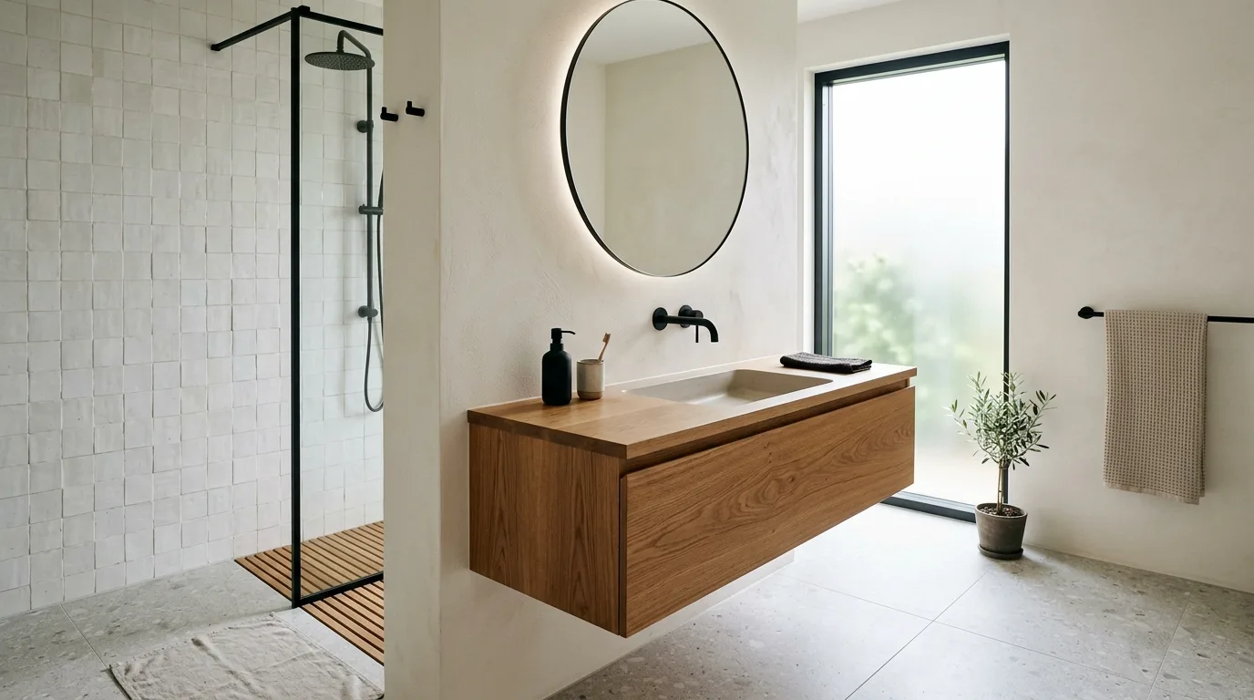 balance boldness with breathing room in a bathroom inspired by sleek modern streamlined.