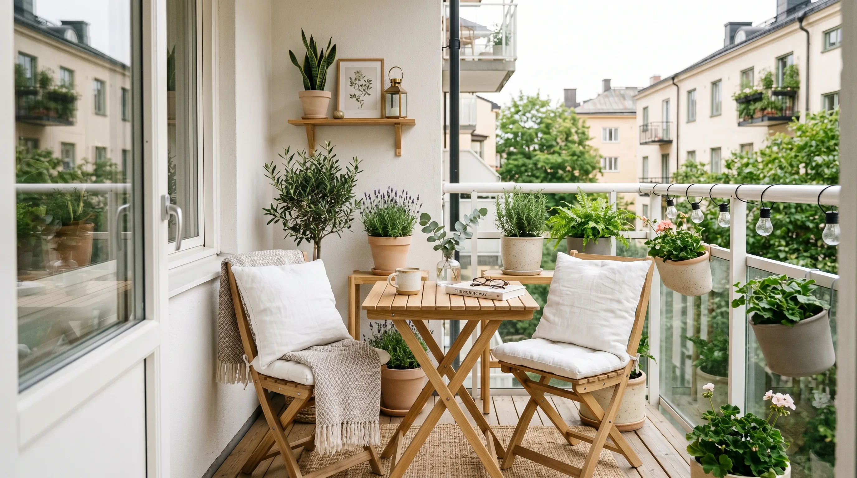 Small balcony inspiration highlighting the role of evening lighting.