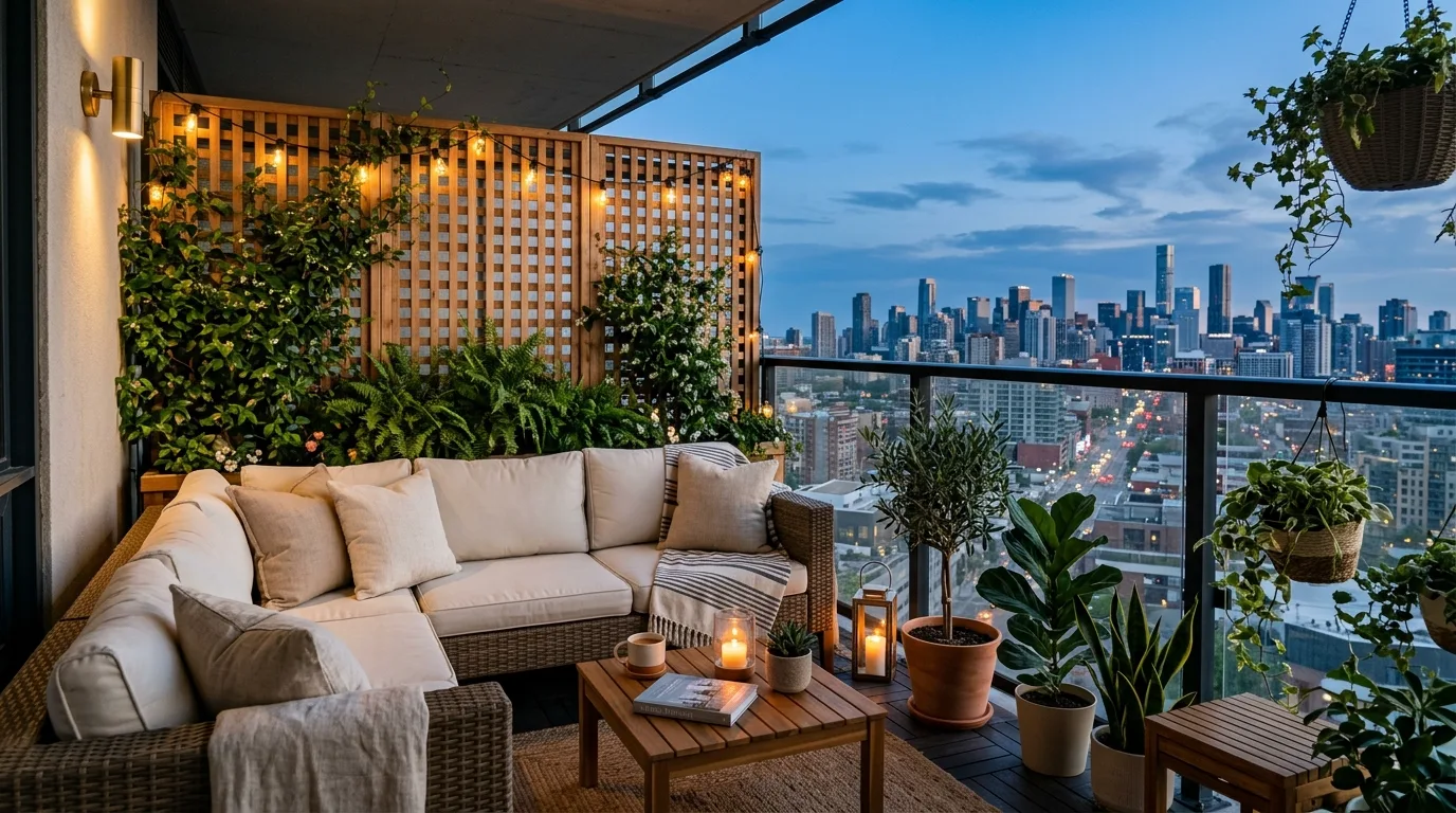 keep storage practical and hidden in a balcony inspired by smart privacy urban retreats.