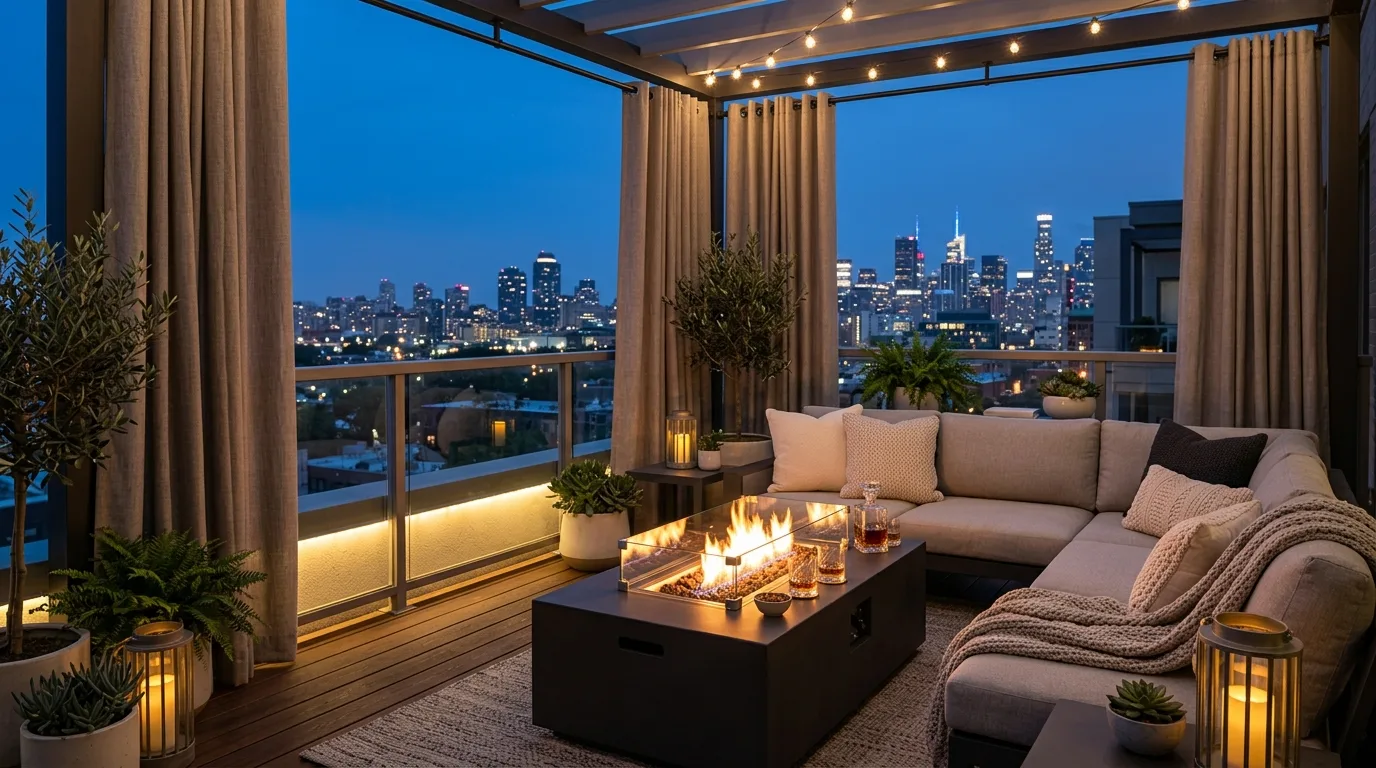 use decor that supports daily living in a balcony inspired by smart privacy urban retreats.