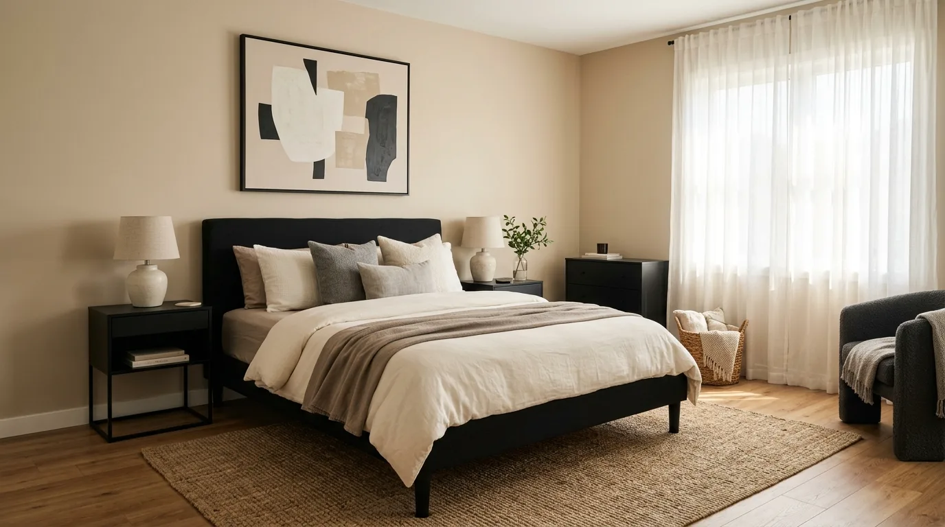 Soft beige and black bedroom with warm modern contrast and layered textures.