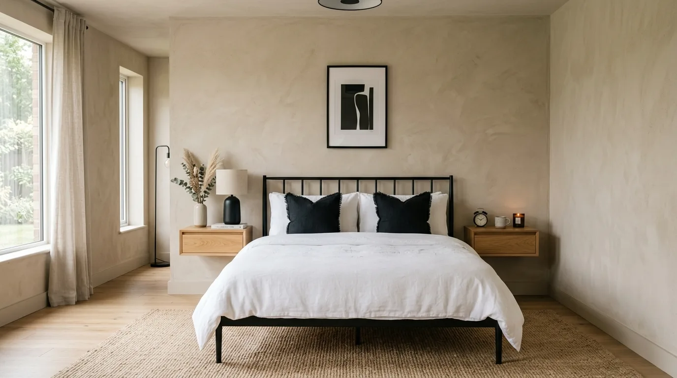 Black accent wall with sand-toned layers in a warm modern bedroom.
