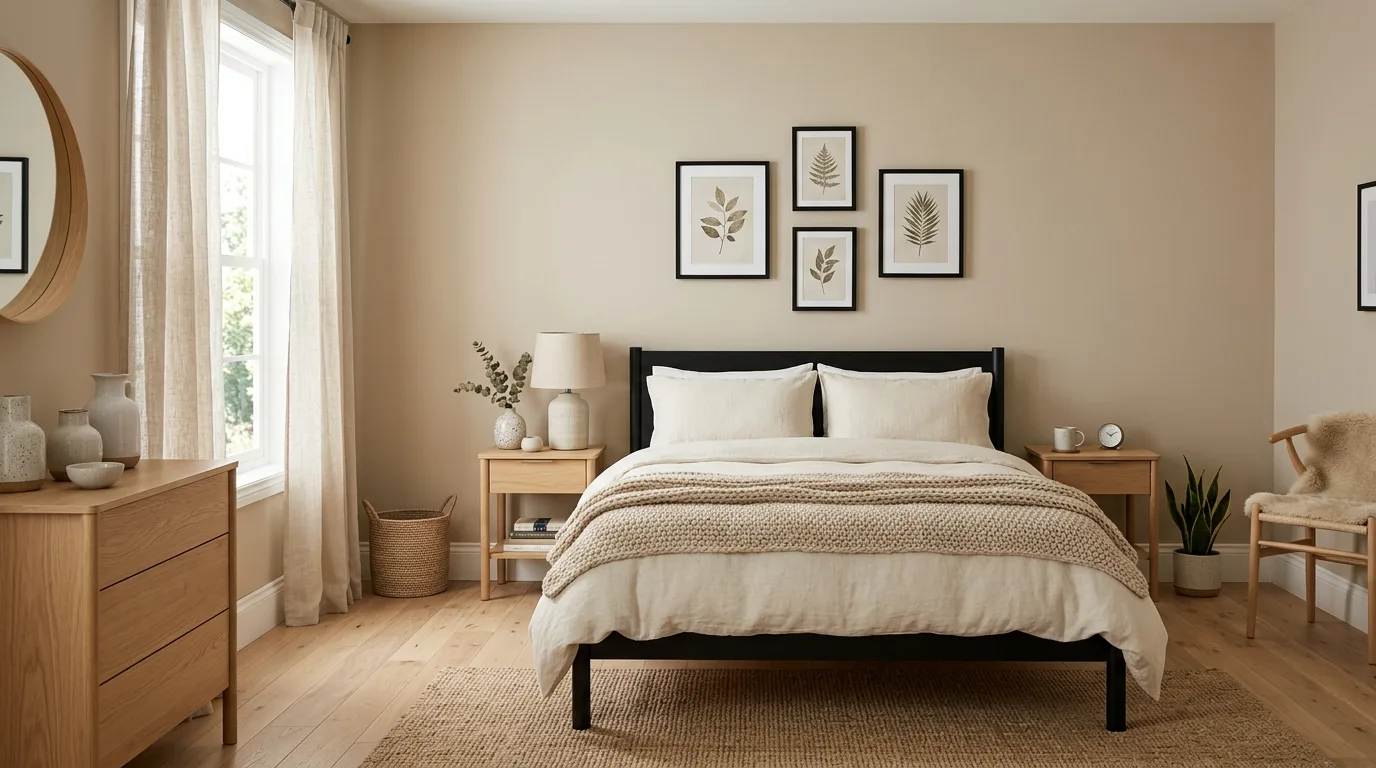 Soft beige upholstery with thin black lines in a clean modern bedroom.