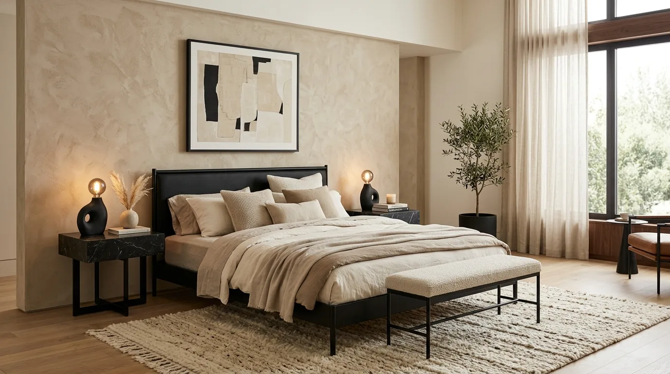 Warm beige walls with black lighting in a modern balanced bedroom.