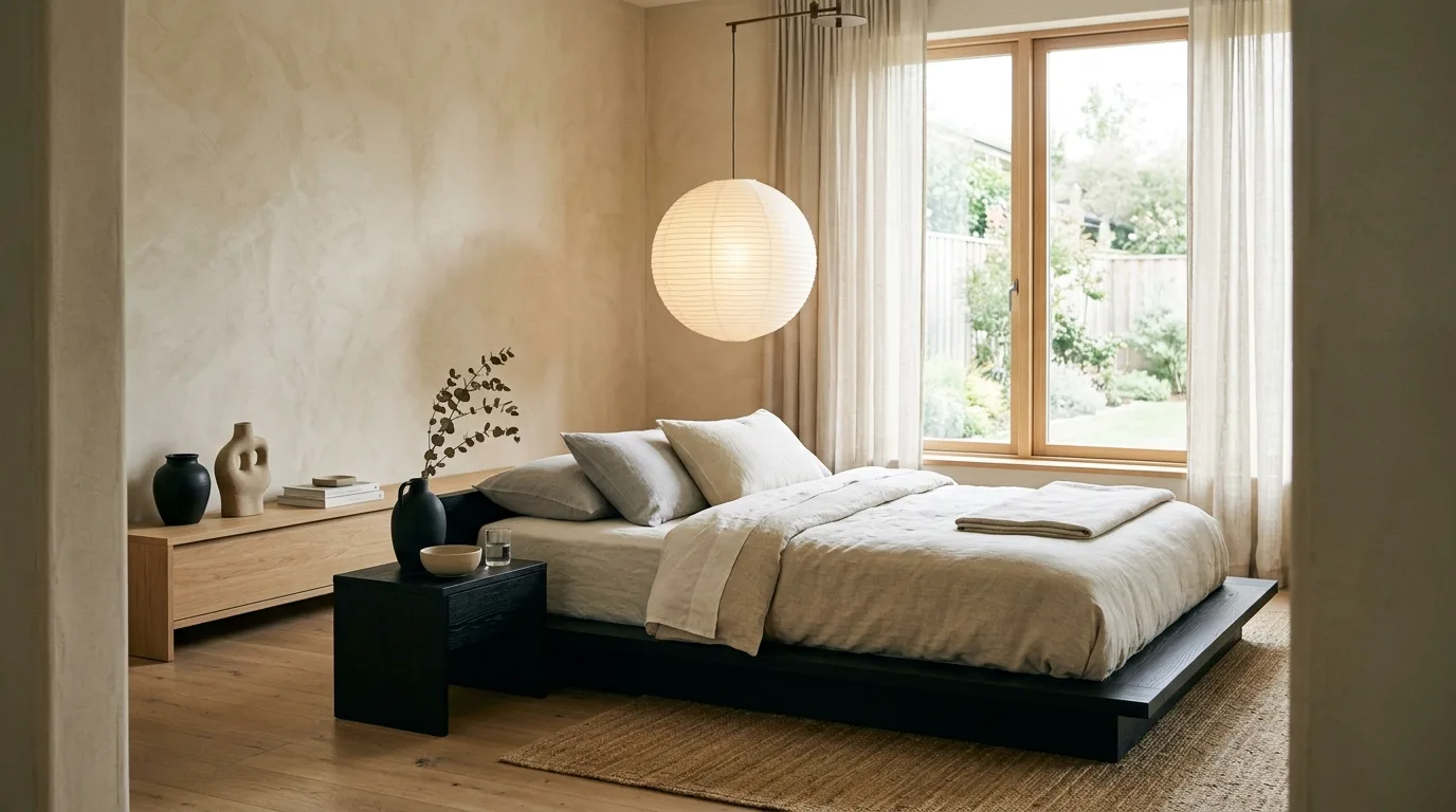 Layered beige textiles with black art in a warm modern bedroom.