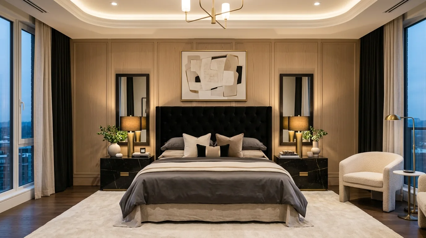 Beige and black bedroom balanced by light oak furniture and warm texture.