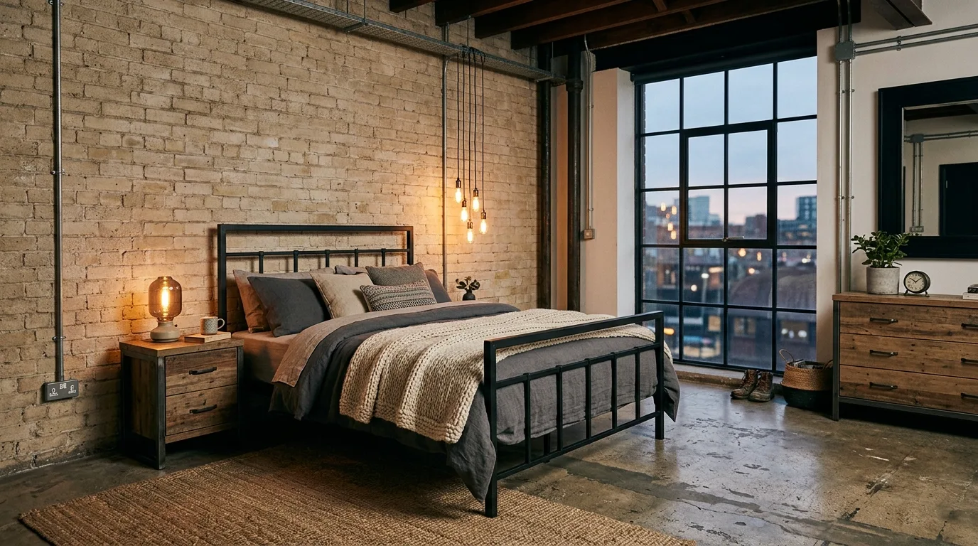 Modern beige bed on a black rug in a sleek warm bedroom.