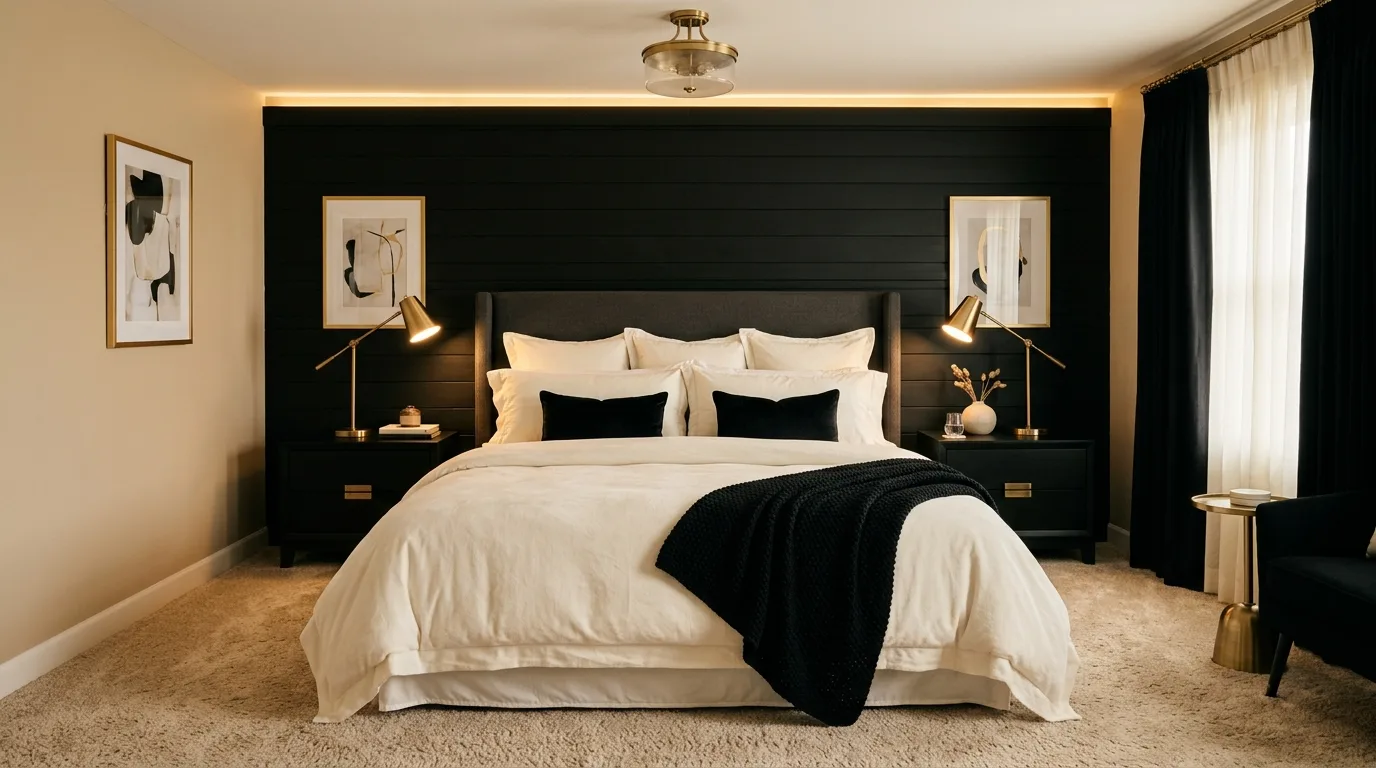 Soft beige curtains and black hardware in a refined modern bedroom.