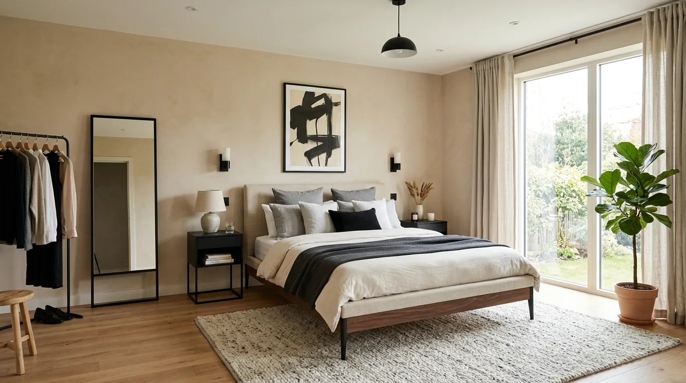 Warm and current beige and black bedroom with layered modern contrast.