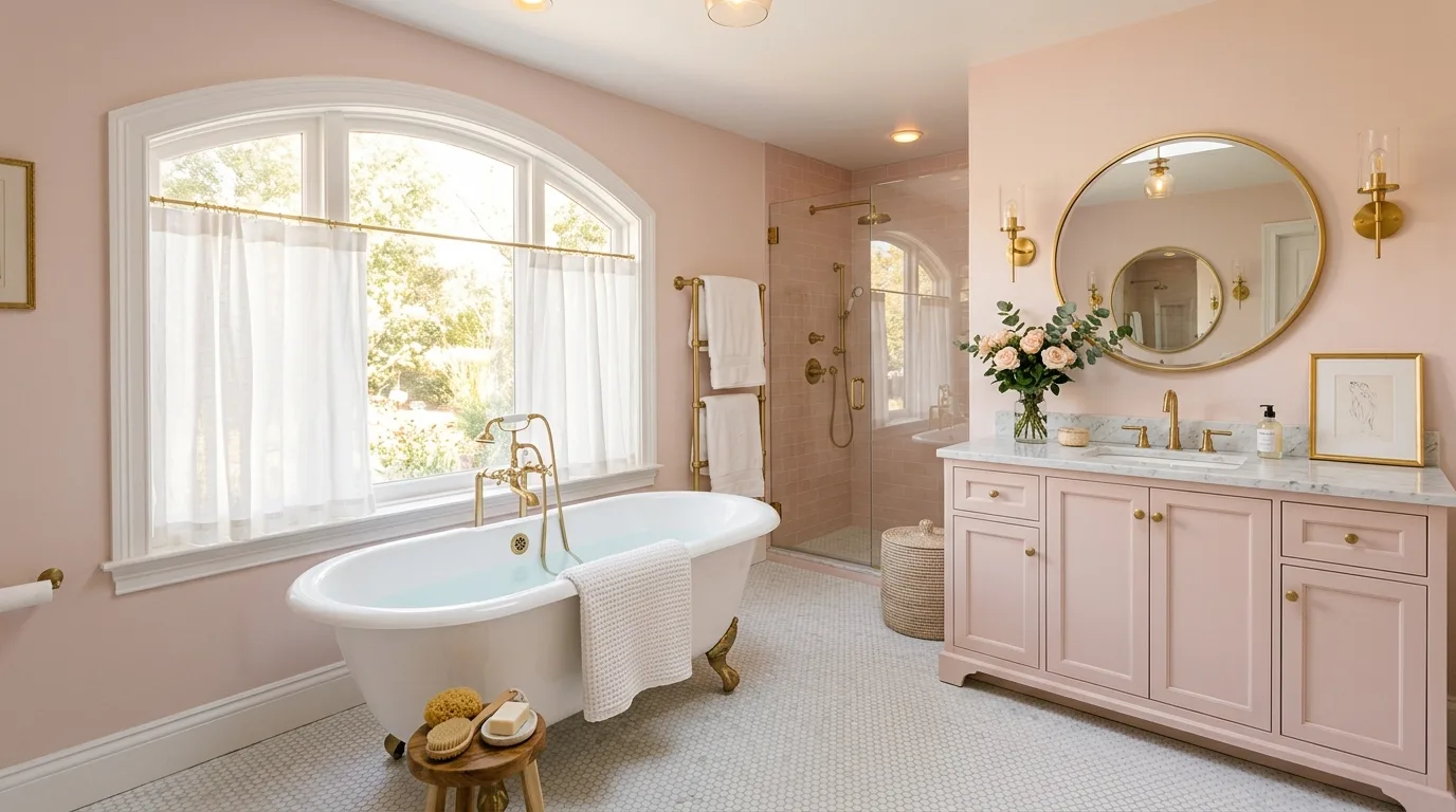 Soft Pale Pink Bathroom Ideas for a Romantic Glow in a thoughtfully styled bathroom.