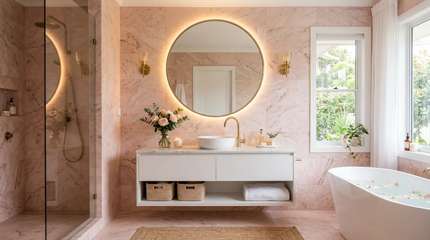 start with the main color or material story in a bathroom inspired by soft pale pink romantic.