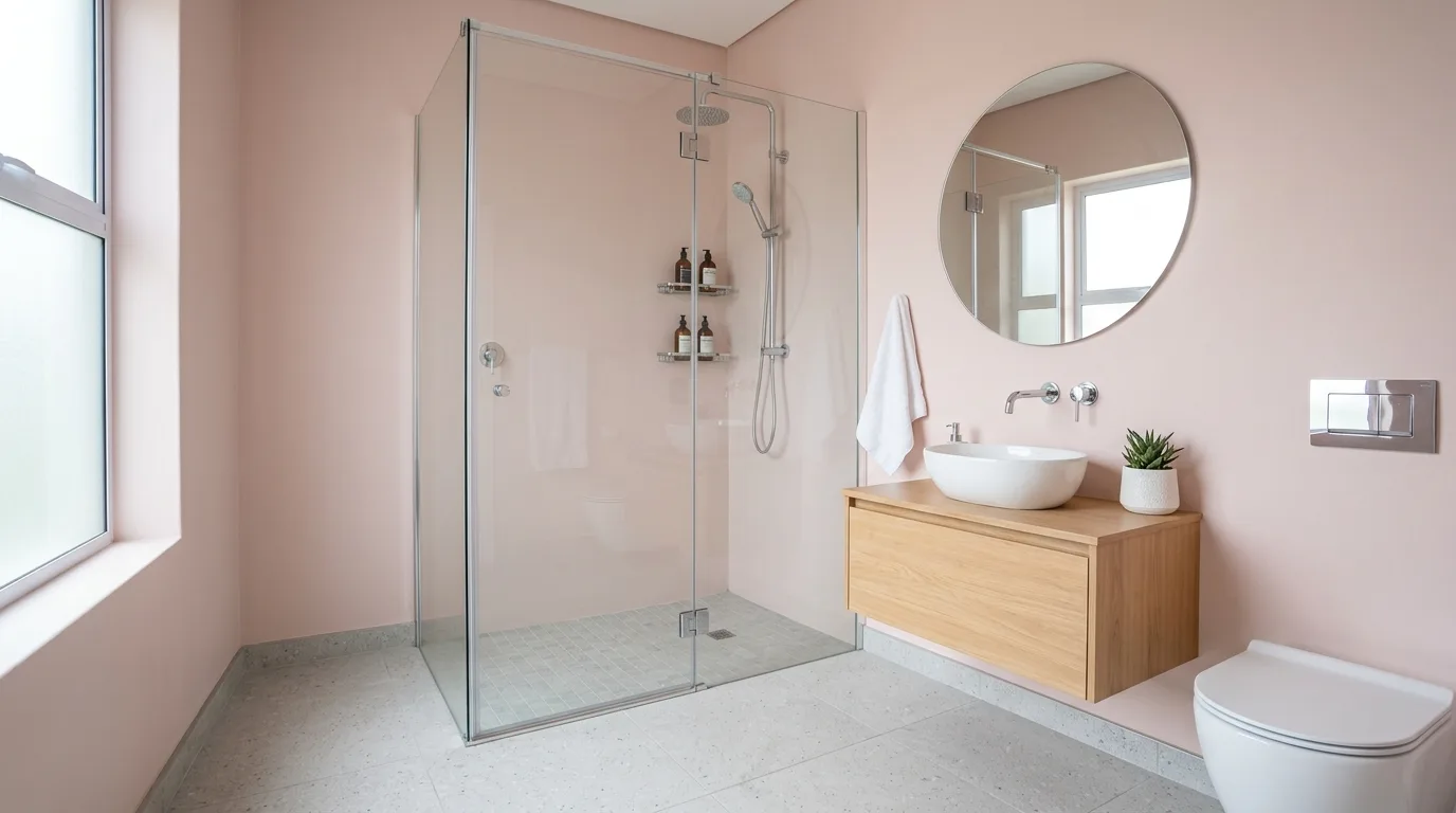 pair it with finishes that support the mood in a bathroom inspired by soft pale pink romantic.