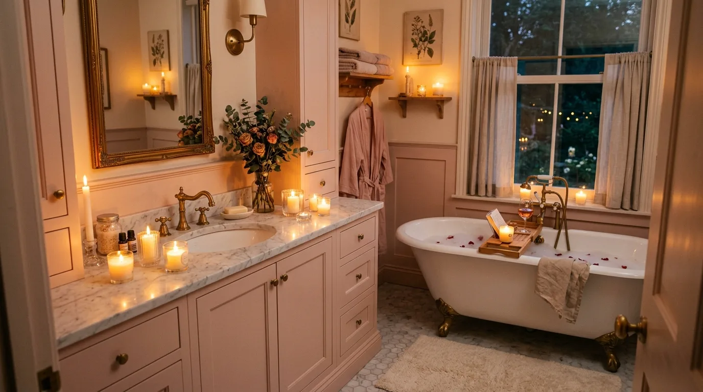 use lighting to bring the space to life in a bathroom inspired by soft pale pink romantic.