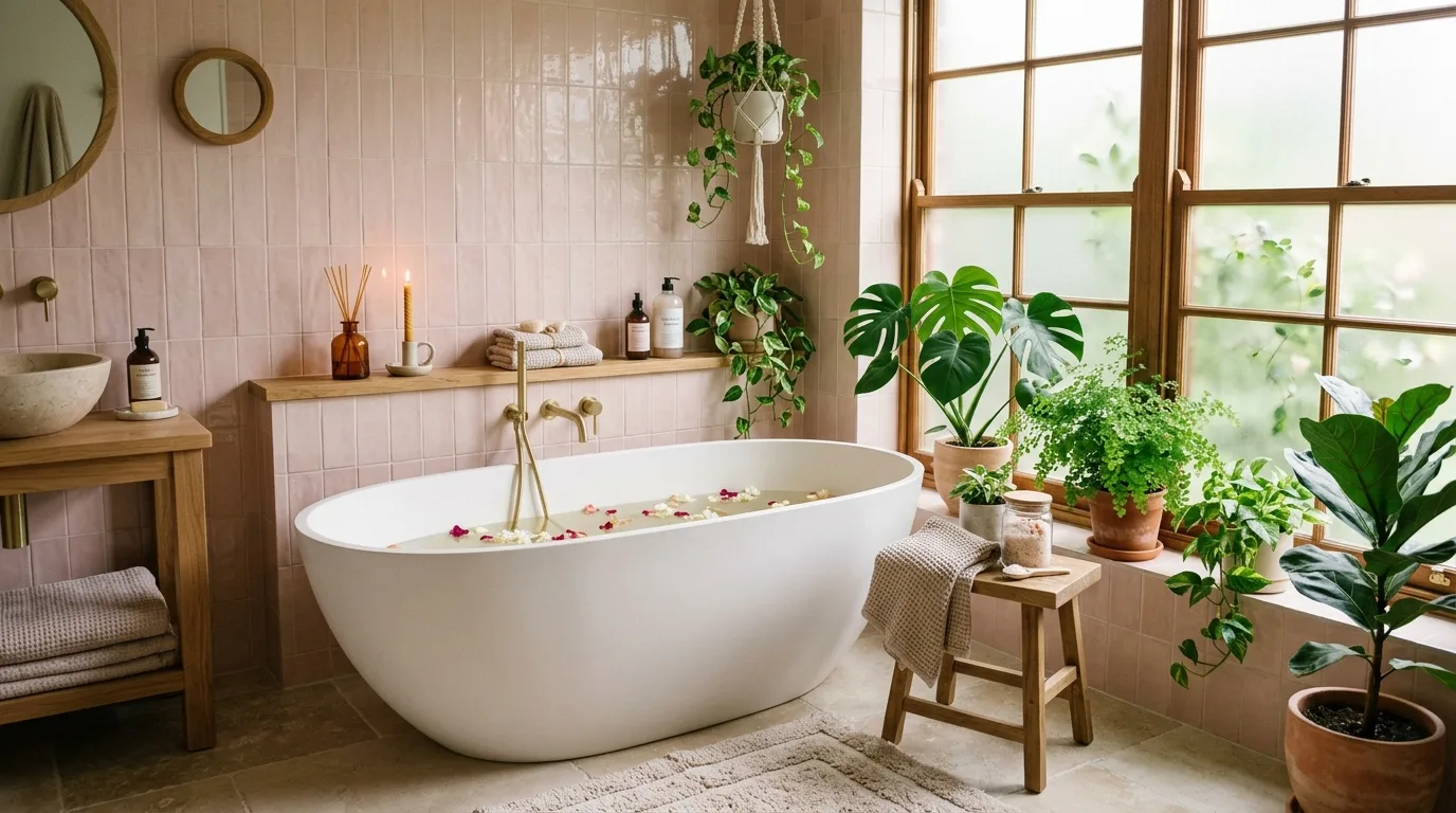 add texture for more depth in a bathroom inspired by soft pale pink romantic.