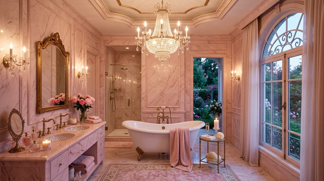balance boldness with breathing room in a bathroom inspired by soft pale pink romantic.