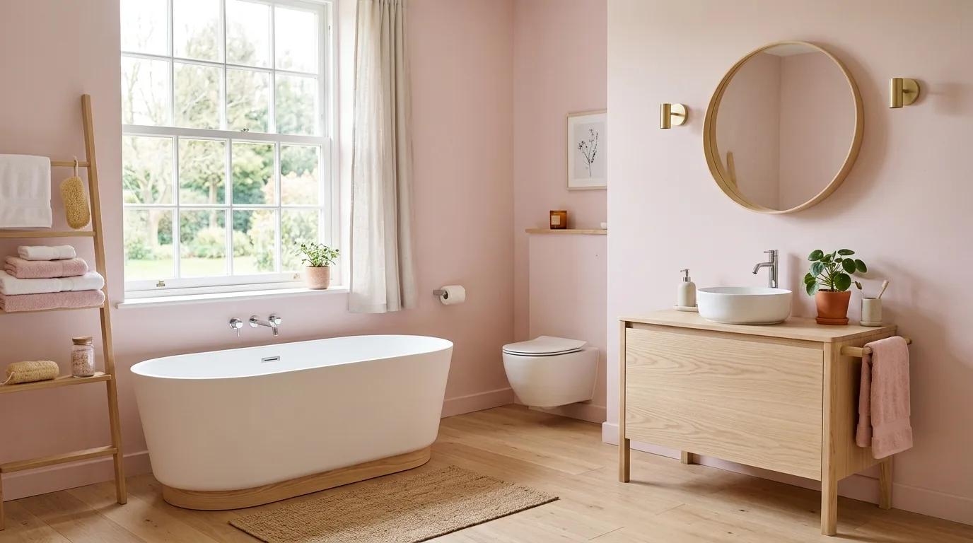 use decor that reinforces the look in a bathroom inspired by soft pale pink romantic.