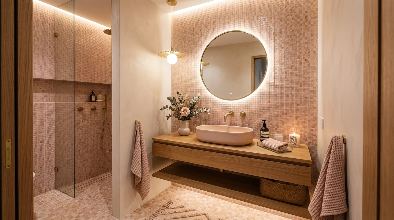 let the room feel personal and restful in a bathroom inspired by soft pale pink romantic.