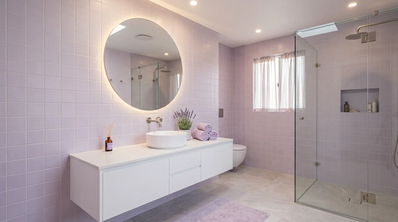 start with the main color or material story in a bathroom inspired by soothing light purple lavender.