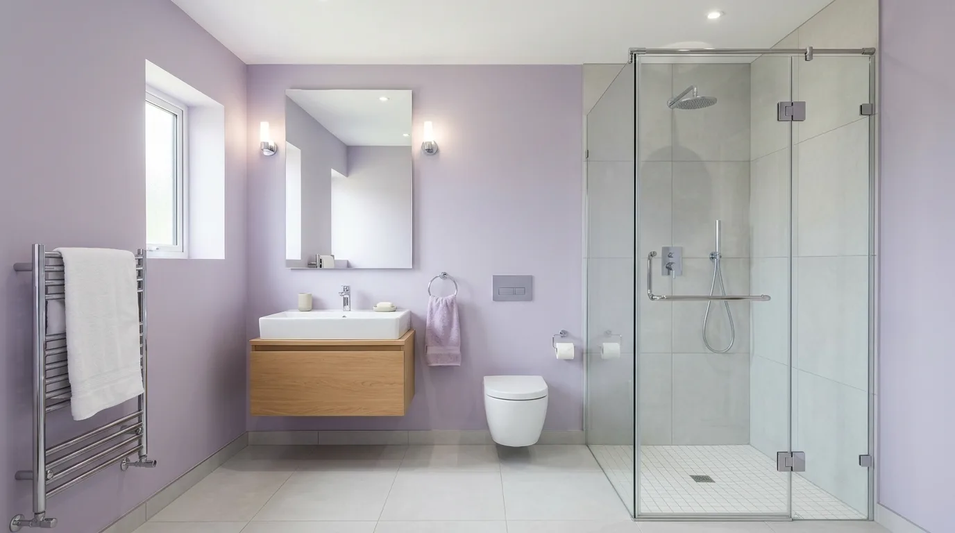 pair it with finishes that support the mood in a bathroom inspired by soothing light purple lavender.