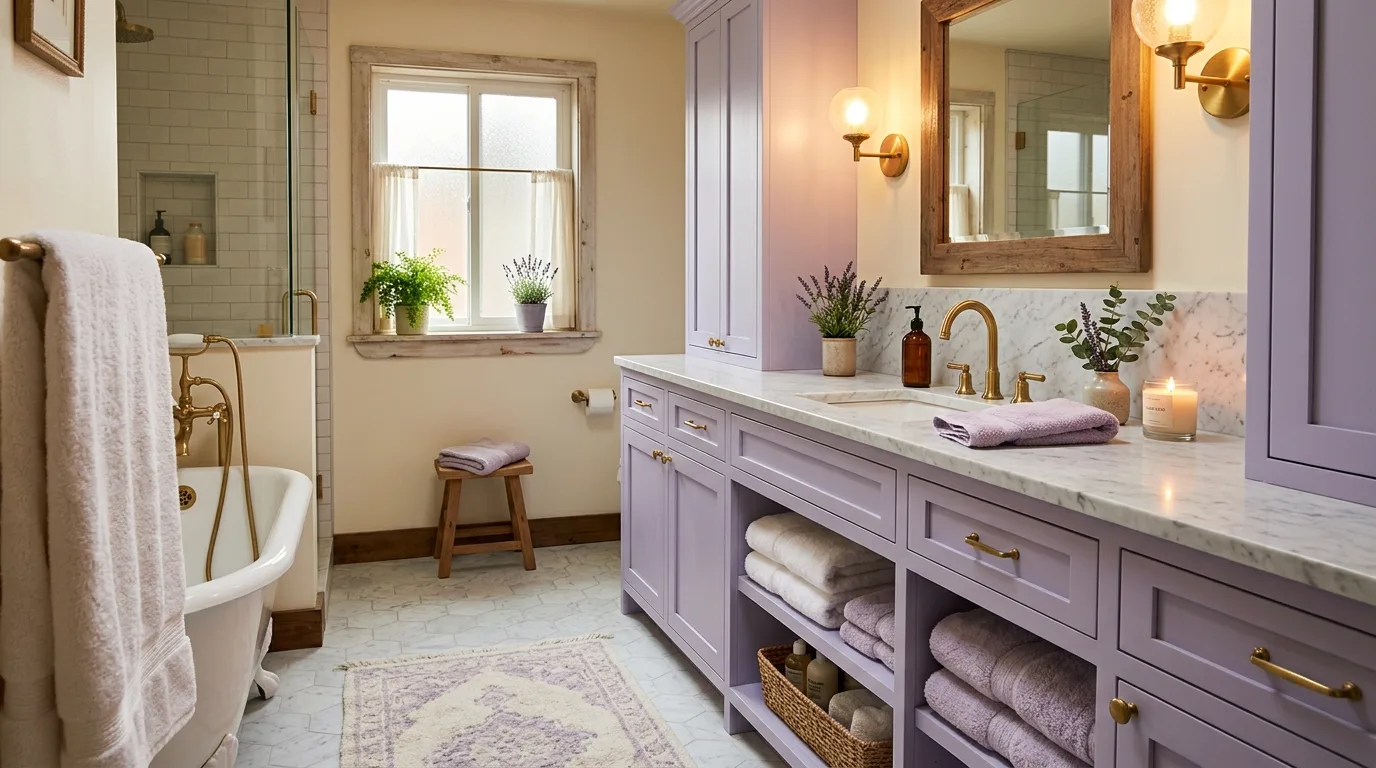 use lighting to bring the space to life in a bathroom inspired by soothing light purple lavender.