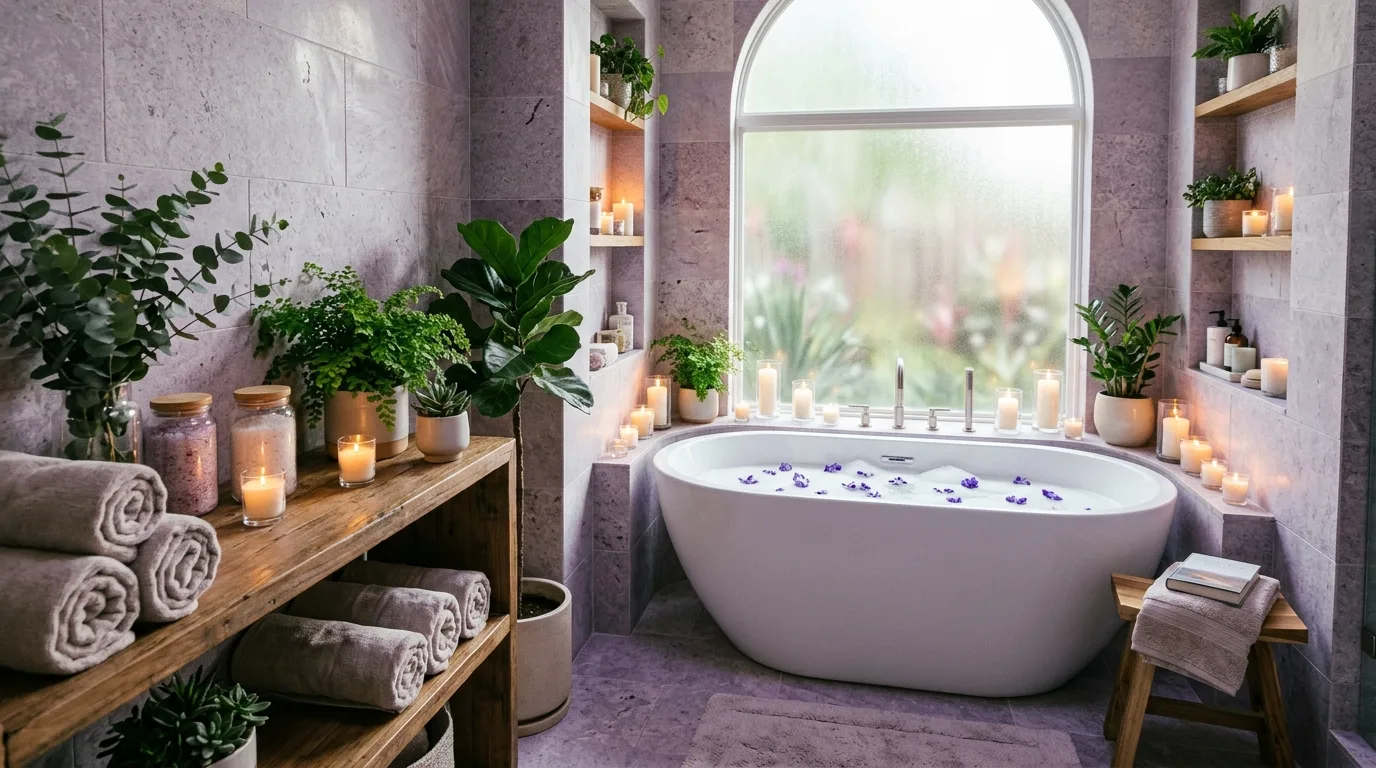 add texture for more depth in a bathroom inspired by soothing light purple lavender.